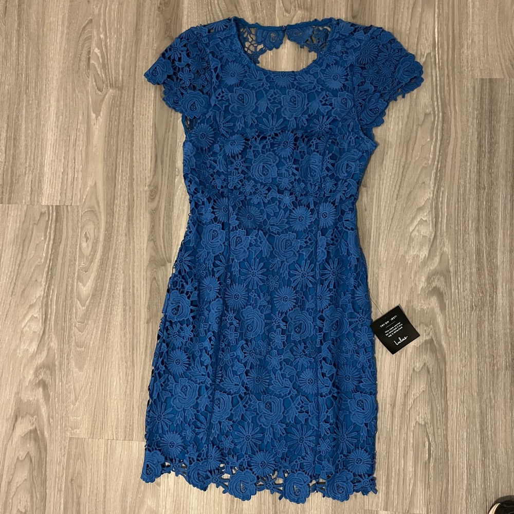 NWT Lulu's Blue Coquette Backless Dress Crochet Lace Overlay Open Back